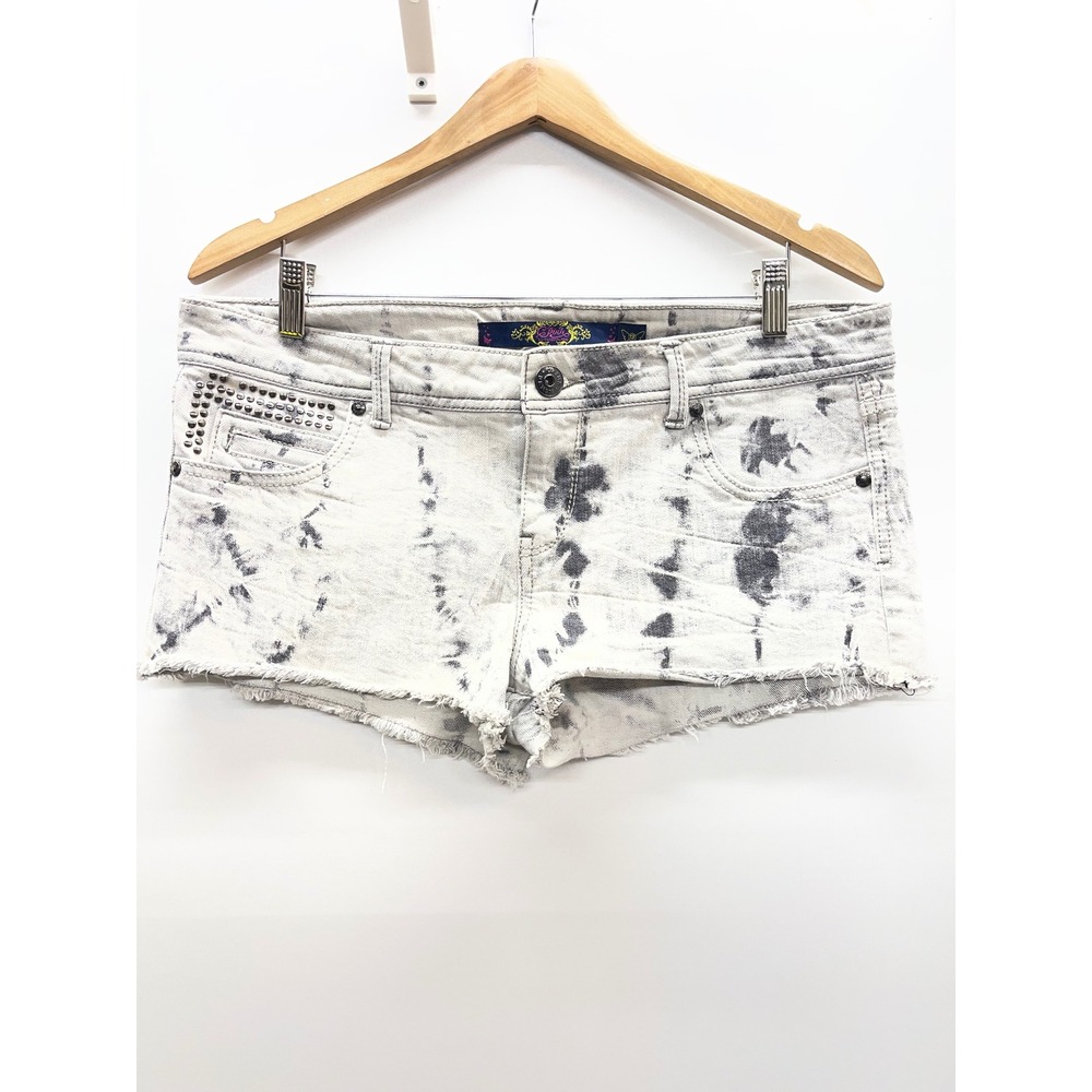 Celebrity Pink Tie Dye Studded Denim Shorts Grey White Raw Hem Sz 13 Y2K Grunge